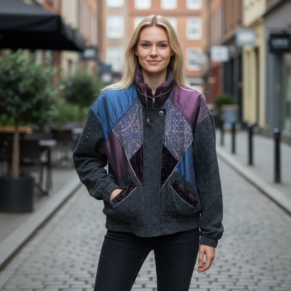 Karizma East Vintage 80’s Bomber Patchwork of Wool Velvet Metallic Fabrics​​​